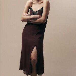 Zara collection Elegant Burgundy Lace Trim Slip Dress size XS NWT